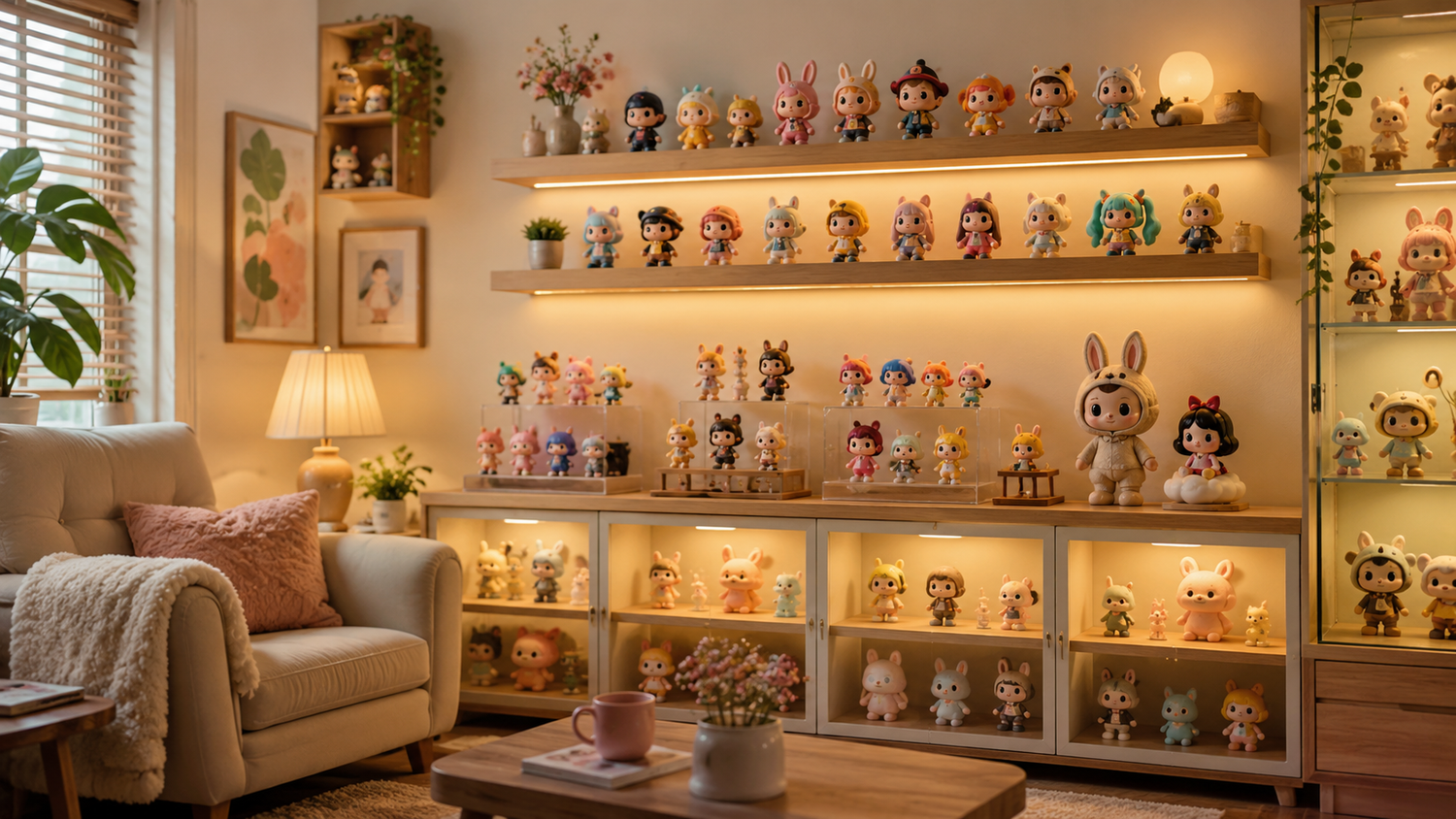 Colorful collectible figures arranged on display shelves in a cozy room