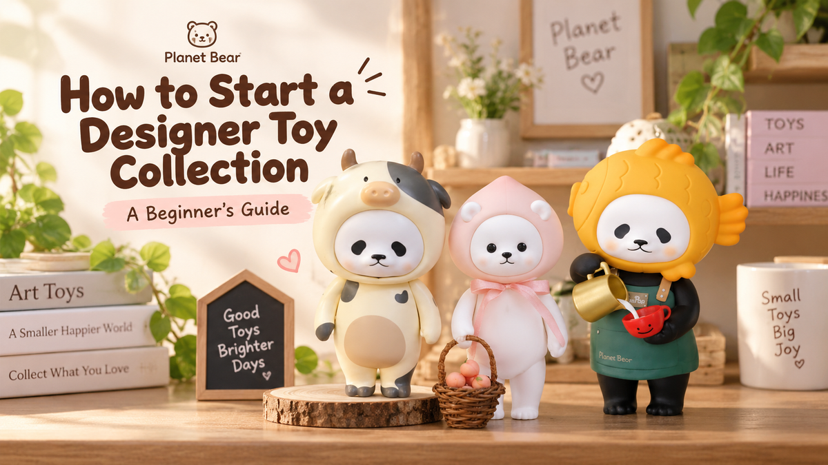 Planet Bear Popea White Peach figure with cleaning and collectible care accessories