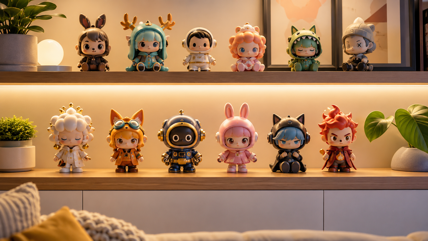 PVC collectible figures displayed on a shelf for a PVC vs vinyl figures collector guide