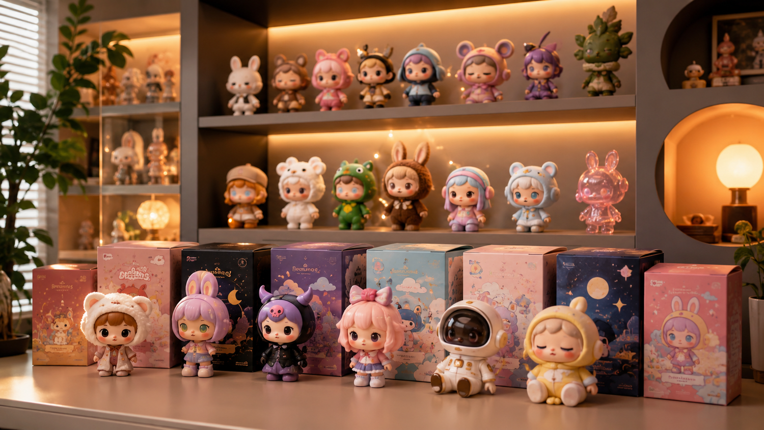Colorful blind box collectible figures and mystery boxes displayed on a collector shelf