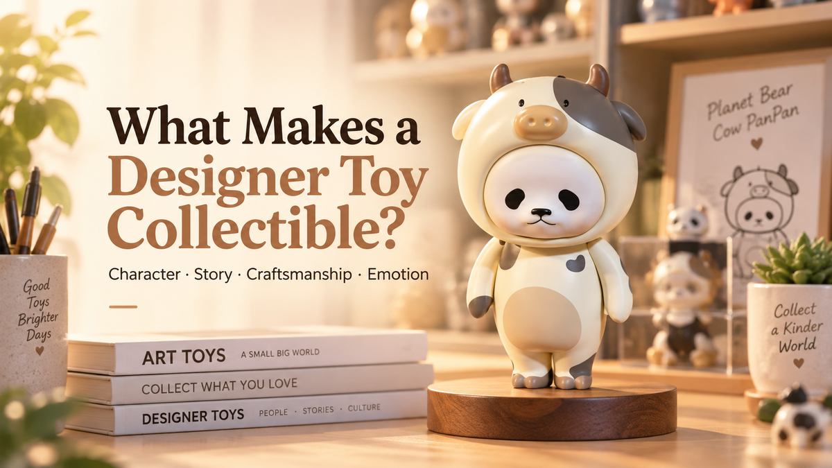 Planet Bear Cow PanPan designer collectible figure displayed in a warm art toy studio